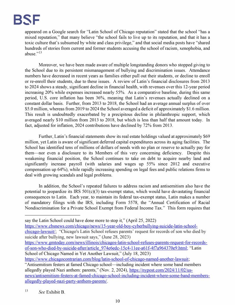 Misconduct, Breach, Fiduciary duty, Bullying, Cyberbullying, Discrimination , Harassment, Fiduciary duty, Lawsuit,Investigate potential breaches, Latin trustees and officers, Latin School of Chicago, Boies, Schiller, Flexner LLP, demand letter, Lawsuit, members, Board of Trustees, judiciary duty, ministrative misconduct, faulty misconduct, Violations state and federal laws, discrimination, Antisemitism, harassment, Physical assault, Bullying, cyberbullying, Gross mismanagement, malfeasance, Student safety, Suicide, Emotional harm, Physical harm, Randall Dunn - Head of School Latin School of Chicago, Kristine Von Ogden - Latin School of Chicago Upper School Director, David Koo - Latin School of Chicago trustee and board chair, Thomas Hagerman - Latin School of Chicago Head of School, Shelley Greenwood - Latin School of Chicago Assistant Head of School, Bridget C. Coughlin - Latin School of Chicago, board of trustee, president and CEO of Shedd Aquarium, Beth Goldberg - Heller Latin School of Chicago board of trustee, Bridget Hennessy - Latin School of Chicago Dean of Students, Carrie Parr - Latin School of Chicago trustee and vice chair, Christopher Keogh - Latin School of Chicago trustee, Collen Batcheler - Latin School of Chicago trustee, Dara Milner - Latin School of Chicago trustee and board chair, Edward Benford - Latin School of Chicago trustee, Darren Snyder - Latin School of Chicago trustee and treasurer, David Williams - Latin School of Chicago trustee and secretary, Michael Szczepanek - Chief Financial Officer at Latin School of Chicago, Deb Sampey - Latin School of Chicago Middle School Director, Denise Fogus Gibson - Latin School of Chicago trustee, Diane Saltoun - Latin School of Chicago trustee, Dontrey Britt-Hart - Latin School of Chicago trustee, Elizabeth Mihas - Latin School of Chicago trustee, Georgy Ann Peluchiwiski Latin School of Chicago trustee and board chair, Jeff Sharp - Latin School of Chicago trustee and board chair, Robert Chapman - Latin School of Chicago trustee and board chair, Timothy Hurd - Latin School of Chicago trustee, Tanya Polsky - Latin School of Chicago trustee, Val Vlahos - Latin School of Chicago trustee, Valerie Wiley - Latin School of Chicago trustee. Vince Cozzi - Latin School of Chicago trustee and board chair, Walter Pryor - Latin School of Chicago trustee, Traveres “Tray” White - Latin School of Chicago Middle School Division Director, Tim Cronister - Latin School of Chicago Director of Student Life, Susan Bolon - Latin School of Chicago Director of Human Resources, Scott Kaniewski - Latin School of Chicago trustee, Sarah Norris - Latin School of Chicago trustee, Ryan Harris - Latin School of Chicago trustee, Ryan Allen - Latin School of Chicago Assistant Head of School, Ronald Seymore - Latin School of Chicago trustee, Rafael Santana - Latin School of Chicago trustee, Peter Jackson - Latin School of Chicago trustee, Paul Furlow - Latin School of Chicago trustee, Olumide Ajiginni - Latin School of Chicago trustee, Nils Larsen - Latin School of Chicago trustee, Nicole Mann - Latin School of Chicago trustee, Nick Baer - Latin School of Chicago Upper School Director, Nancy Dwyer - Latin School of Chicago trustee, Meredith Bluhm-Wolf - Latin School of Chicago trustee, Maury Tognarelli - Latin School of Chicago trustee, Lina Wei - Latin School of Chicago trustee, Jyoti Patel - Latin School of Chicago trustee, Jonathan Berger - Latin School of Chicago trustee, Jennifer Prewitt - Latin School of Chicago trustee, Jennifer Peeples - Latin School of Chicago trustee, Jennifer Cizner - Latin School of Chicago trustee, Gurpreet Singh - Latin School of Chicago trustee, Erin Amico Wegscheide - Latin School of Chicago trustee, Elizabeth Betten - Latin School of Chicago trustee