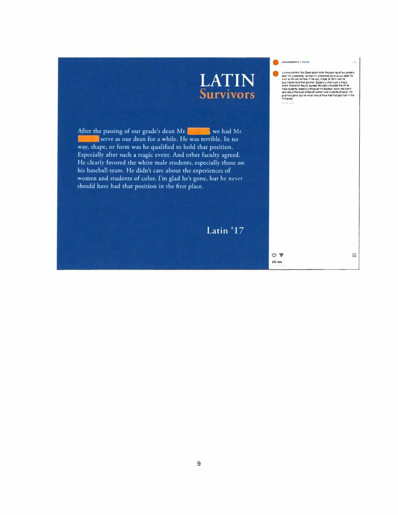 Misconduct, Breach, Fiduciary duty, Bullying, Cyberbullying, Discrimination , Harassment, Fiduciary duty, Lawsuit,Investigate potential breaches, Latin trustees and officers, Latin School of Chicago, Boies, Schiller, Flexner LLP, demand letter, Lawsuit, members, Board of Trustees, judiciary duty, ministrative misconduct, faulty misconduct, Violations state and federal laws, discrimination, Antisemitism, harassment, Physical assault, Bullying, cyberbullying, Gross mismanagement, malfeasance, Student safety, Suicide, Emotional harm, Physical harm, Randall Dunn - Head of School Latin School of Chicago, Kristine Von Ogden - Latin School of Chicago Upper School Director, David Koo - Latin School of Chicago trustee and board chair, Thomas Hagerman - Latin School of Chicago Head of School, Shelley Greenwood - Latin School of Chicago Assistant Head of School, Bridget C. Coughlin - Latin School of Chicago, board of trustee, president and CEO of Shedd Aquarium, Beth Goldberg - Heller Latin School of Chicago board of trustee, Bridget Hennessy - Latin School of Chicago Dean of Students, Carrie Parr - Latin School of Chicago trustee and vice chair, Christopher Keogh - Latin School of Chicago trustee, Collen Batcheler - Latin School of Chicago trustee, Dara Milner - Latin School of Chicago trustee and board chair, Edward Benford - Latin School of Chicago trustee, Darren Snyder - Latin School of Chicago trustee and treasurer, David Williams - Latin School of Chicago trustee and secretary, Michael Szczepanek - Chief Financial Officer at Latin School of Chicago, Deb Sampey - Latin School of Chicago Middle School Director, Denise Fogus Gibson - Latin School of Chicago trustee, Diane Saltoun - Latin School of Chicago trustee, Dontrey Britt-Hart - Latin School of Chicago trustee, Elizabeth Mihas - Latin School of Chicago trustee, Georgy Ann Peluchiwiski Latin School of Chicago trustee and board chair, Jeff Sharp - Latin School of Chicago trustee and board chair, Robert Chapman - Latin School of Chicago trustee and board chair, Timothy Hurd - Latin School of Chicago trustee, Tanya Polsky - Latin School of Chicago trustee, Val Vlahos - Latin School of Chicago trustee, Valerie Wiley - Latin School of Chicago trustee. Vince Cozzi - Latin School of Chicago trustee and board chair, Walter Pryor - Latin School of Chicago trustee, Traveres “Tray” White - Latin School of Chicago Middle School Division Director, Tim Cronister - Latin School of Chicago Director of Student Life, Susan Bolon - Latin School of Chicago Director of Human Resources, Scott Kaniewski - Latin School of Chicago trustee, Sarah Norris - Latin School of Chicago trustee, Ryan Harris - Latin School of Chicago trustee, Ryan Allen - Latin School of Chicago Assistant Head of School, Ronald Seymore - Latin School of Chicago trustee, Rafael Santana - Latin School of Chicago trustee, Peter Jackson - Latin School of Chicago trustee, Paul Furlow - Latin School of Chicago trustee, Olumide Ajiginni - Latin School of Chicago trustee, Nils Larsen - Latin School of Chicago trustee, Nicole Mann - Latin School of Chicago trustee, Nick Baer - Latin School of Chicago Upper School Director, Nancy Dwyer - Latin School of Chicago trustee, Meredith Bluhm-Wolf - Latin School of Chicago trustee, Maury Tognarelli - Latin School of Chicago trustee, Lina Wei - Latin School of Chicago trustee, Jyoti Patel - Latin School of Chicago trustee, Jonathan Berger - Latin School of Chicago trustee, Jennifer Prewitt - Latin School of Chicago trustee, Jennifer Peeples - Latin School of Chicago trustee, Jennifer Cizner - Latin School of Chicago trustee, Gurpreet Singh - Latin School of Chicago trustee, Erin Amico Wegscheide - Latin School of Chicago trustee, Elizabeth Betten - Latin School of Chicago trustee