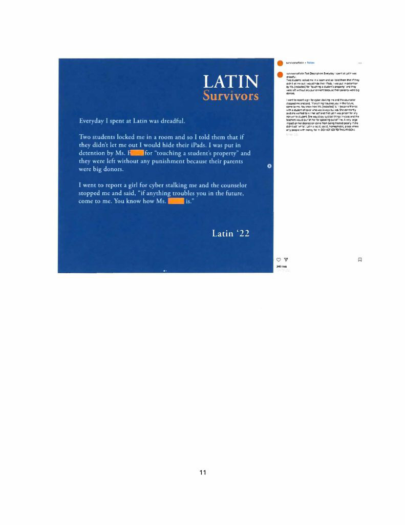 Misconduct, Breach, Fiduciary duty, Bullying, Cyberbullying, Discrimination , Harassment, Fiduciary duty, Lawsuit,Investigate potential breaches, Latin trustees and officers, Latin School of Chicago, Boies, Schiller, Flexner LLP, demand letter, Lawsuit, members, Board of Trustees, judiciary duty, ministrative misconduct, faulty misconduct, Violations state and federal laws, discrimination, Antisemitism, harassment, Physical assault, Bullying, cyberbullying, Gross mismanagement, malfeasance, Student safety, Suicide, Emotional harm, Physical harm, Randall Dunn - Head of School Latin School of Chicago, Kristine Von Ogden - Latin School of Chicago Upper School Director, David Koo - Latin School of Chicago trustee and board chair, Thomas Hagerman - Latin School of Chicago Head of School, Shelley Greenwood - Latin School of Chicago Assistant Head of School, Bridget C. Coughlin - Latin School of Chicago, board of trustee, president and CEO of Shedd Aquarium, Beth Goldberg - Heller Latin School of Chicago board of trustee, Bridget Hennessy - Latin School of Chicago Dean of Students, Carrie Parr - Latin School of Chicago trustee and vice chair, Christopher Keogh - Latin School of Chicago trustee, Collen Batcheler - Latin School of Chicago trustee, Dara Milner - Latin School of Chicago trustee and board chair, Edward Benford - Latin School of Chicago trustee, Darren Snyder - Latin School of Chicago trustee and treasurer, David Williams - Latin School of Chicago trustee and secretary, Michael Szczepanek - Chief Financial Officer at Latin School of Chicago, Deb Sampey - Latin School of Chicago Middle School Director, Denise Fogus Gibson - Latin School of Chicago trustee, Diane Saltoun - Latin School of Chicago trustee, Dontrey Britt-Hart - Latin School of Chicago trustee, Elizabeth Mihas - Latin School of Chicago trustee, Georgy Ann Peluchiwiski Latin School of Chicago trustee and board chair, Jeff Sharp - Latin School of Chicago trustee and board chair, Robert Chapman - Latin School of Chicago trustee and board chair, Timothy Hurd - Latin School of Chicago trustee, Tanya Polsky - Latin School of Chicago trustee, Val Vlahos - Latin School of Chicago trustee, Valerie Wiley - Latin School of Chicago trustee. Vince Cozzi - Latin School of Chicago trustee and board chair, Walter Pryor - Latin School of Chicago trustee, Traveres “Tray” White - Latin School of Chicago Middle School Division Director, Tim Cronister - Latin School of Chicago Director of Student Life, Susan Bolon - Latin School of Chicago Director of Human Resources, Scott Kaniewski - Latin School of Chicago trustee, Sarah Norris - Latin School of Chicago trustee, Ryan Harris - Latin School of Chicago trustee, Ryan Allen - Latin School of Chicago Assistant Head of School, Ronald Seymore - Latin School of Chicago trustee, Rafael Santana - Latin School of Chicago trustee, Peter Jackson - Latin School of Chicago trustee, Paul Furlow - Latin School of Chicago trustee, Olumide Ajiginni - Latin School of Chicago trustee, Nils Larsen - Latin School of Chicago trustee, Nicole Mann - Latin School of Chicago trustee, Nick Baer - Latin School of Chicago Upper School Director, Nancy Dwyer - Latin School of Chicago trustee, Meredith Bluhm-Wolf - Latin School of Chicago trustee, Maury Tognarelli - Latin School of Chicago trustee, Lina Wei - Latin School of Chicago trustee, Jyoti Patel - Latin School of Chicago trustee, Jonathan Berger - Latin School of Chicago trustee, Jennifer Prewitt - Latin School of Chicago trustee, Jennifer Peeples - Latin School of Chicago trustee, Jennifer Cizner - Latin School of Chicago trustee, Gurpreet Singh - Latin School of Chicago trustee, Erin Amico Wegscheide - Latin School of Chicago trustee, Elizabeth Betten - Latin School of Chicago trustee