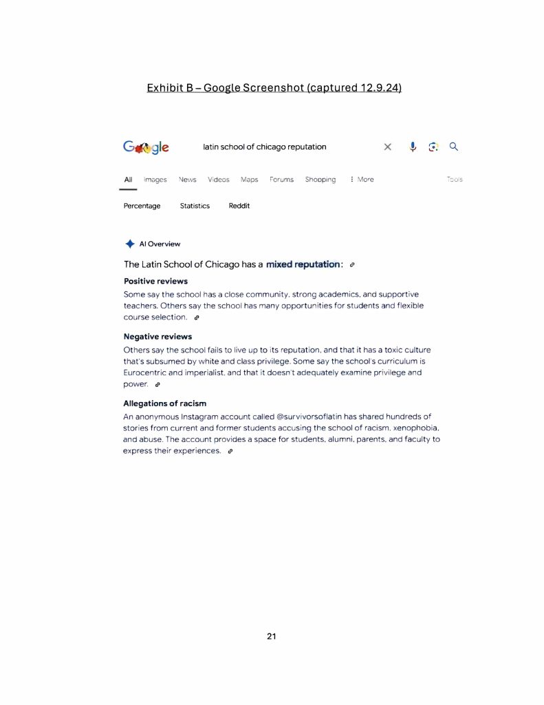 Misconduct, Breach, Fiduciary duty, Bullying, Cyberbullying, Discrimination , Harassment, Fiduciary duty, Lawsuit,Investigate potential breaches, Latin trustees and officers, Latin School of Chicago, Boies, Schiller, Flexner LLP, demand letter, Lawsuit, members, Board of Trustees, judiciary duty, ministrative misconduct, faulty misconduct, Violations state and federal laws, discrimination, Antisemitism, harassment, Physical assault, Bullying, cyberbullying, Gross mismanagement, malfeasance, Student safety, Suicide, Emotional harm, Physical harm, Randall Dunn - Head of School Latin School of Chicago, Kristine Von Ogden - Latin School of Chicago Upper School Director, David Koo - Latin School of Chicago trustee and board chair, Thomas Hagerman - Latin School of Chicago Head of School, Shelley Greenwood - Latin School of Chicago Assistant Head of School, Bridget C. Coughlin - Latin School of Chicago, board of trustee, president and CEO of Shedd Aquarium, Beth Goldberg - Heller Latin School of Chicago board of trustee, Bridget Hennessy - Latin School of Chicago Dean of Students, Carrie Parr - Latin School of Chicago trustee and vice chair, Christopher Keogh - Latin School of Chicago trustee, Collen Batcheler - Latin School of Chicago trustee, Dara Milner - Latin School of Chicago trustee and board chair, Edward Benford - Latin School of Chicago trustee, Darren Snyder - Latin School of Chicago trustee and treasurer, David Williams - Latin School of Chicago trustee and secretary, Michael Szczepanek - Chief Financial Officer at Latin School of Chicago, Deb Sampey - Latin School of Chicago Middle School Director, Denise Fogus Gibson - Latin School of Chicago trustee, Diane Saltoun - Latin School of Chicago trustee, Dontrey Britt-Hart - Latin School of Chicago trustee, Elizabeth Mihas - Latin School of Chicago trustee, Georgy Ann Peluchiwiski Latin School of Chicago trustee and board chair, Jeff Sharp - Latin School of Chicago trustee and board chair, Robert Chapman - Latin School of Chicago trustee and board chair, Timothy Hurd - Latin School of Chicago trustee, Tanya Polsky - Latin School of Chicago trustee, Val Vlahos - Latin School of Chicago trustee, Valerie Wiley - Latin School of Chicago trustee. Vince Cozzi - Latin School of Chicago trustee and board chair, Walter Pryor - Latin School of Chicago trustee, Traveres “Tray” White - Latin School of Chicago Middle School Division Director, Tim Cronister - Latin School of Chicago Director of Student Life, Susan Bolon - Latin School of Chicago Director of Human Resources, Scott Kaniewski - Latin School of Chicago trustee, Sarah Norris - Latin School of Chicago trustee, Ryan Harris - Latin School of Chicago trustee, Ryan Allen - Latin School of Chicago Assistant Head of School, Ronald Seymore - Latin School of Chicago trustee, Rafael Santana - Latin School of Chicago trustee, Peter Jackson - Latin School of Chicago trustee, Paul Furlow - Latin School of Chicago trustee, Olumide Ajiginni - Latin School of Chicago trustee, Nils Larsen - Latin School of Chicago trustee, Nicole Mann - Latin School of Chicago trustee, Nick Baer - Latin School of Chicago Upper School Director, Nancy Dwyer - Latin School of Chicago trustee, Meredith Bluhm-Wolf - Latin School of Chicago trustee, Maury Tognarelli - Latin School of Chicago trustee, Lina Wei - Latin School of Chicago trustee, Jyoti Patel - Latin School of Chicago trustee, Jonathan Berger - Latin School of Chicago trustee, Jennifer Prewitt - Latin School of Chicago trustee, Jennifer Peeples - Latin School of Chicago trustee, Jennifer Cizner - Latin School of Chicago trustee, Gurpreet Singh - Latin School of Chicago trustee, Erin Amico Wegscheide - Latin School of Chicago trustee, Elizabeth Betten - Latin School of Chicago trustee